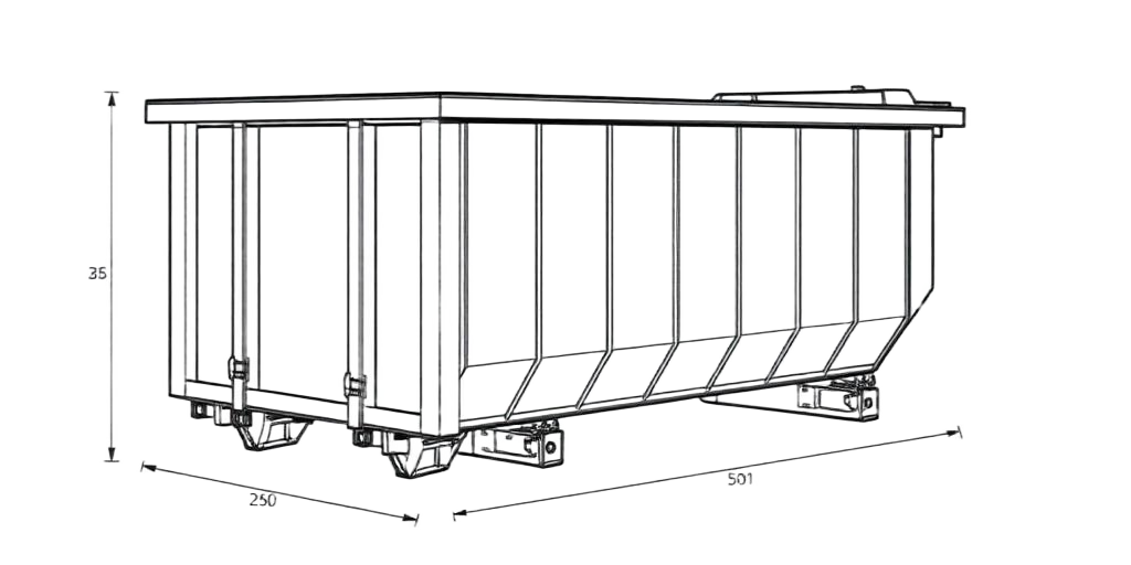Side profile drawing of a 10 cubic yard roll-off container