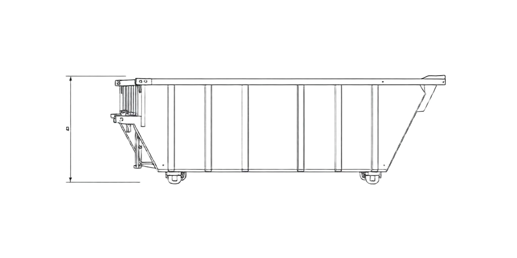 Side profile drawing of a 15 cubic yard roll-off container